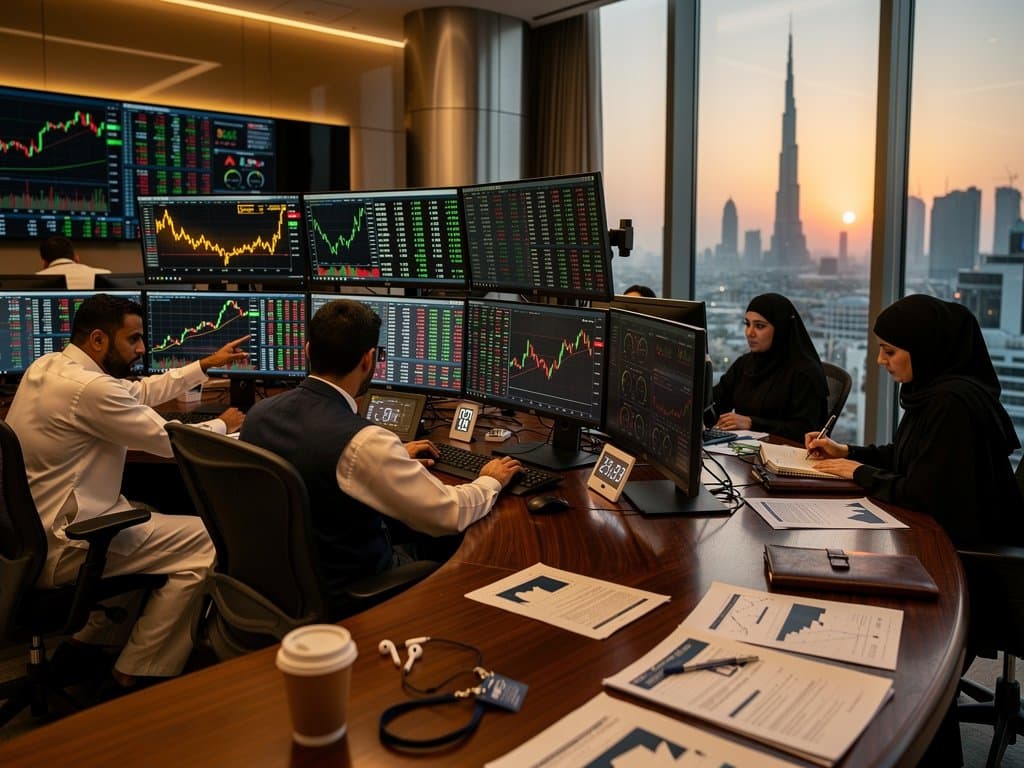 DIFC trading floor with Bloomberg screens showing gold-backed cryptocurrency charts, BTC at $75K USD, Fear & Greed 33, oil volatility, and Sharia assets