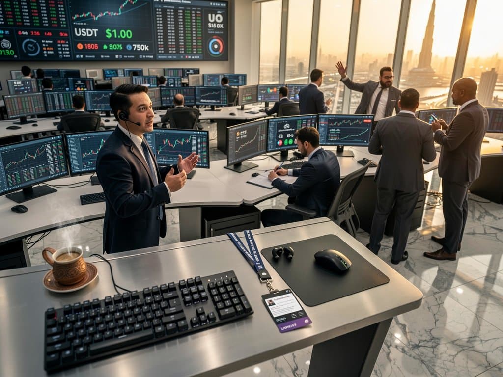 Dubai DIFC fintech office with Bloomberg terminals showing USDT and BIS reports, Burj Khalifa skyline view