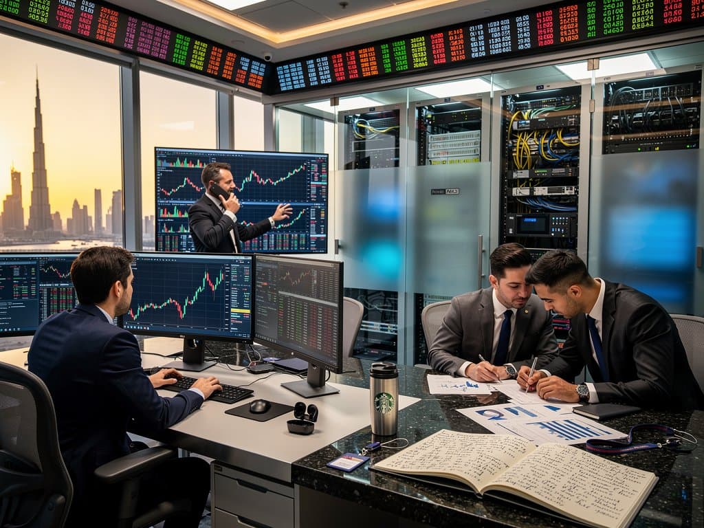 Trading floor screens in DIFC show BTC $75,786 USD charts, VARA logos, and Gulf skyline for 24/7 crypto trading