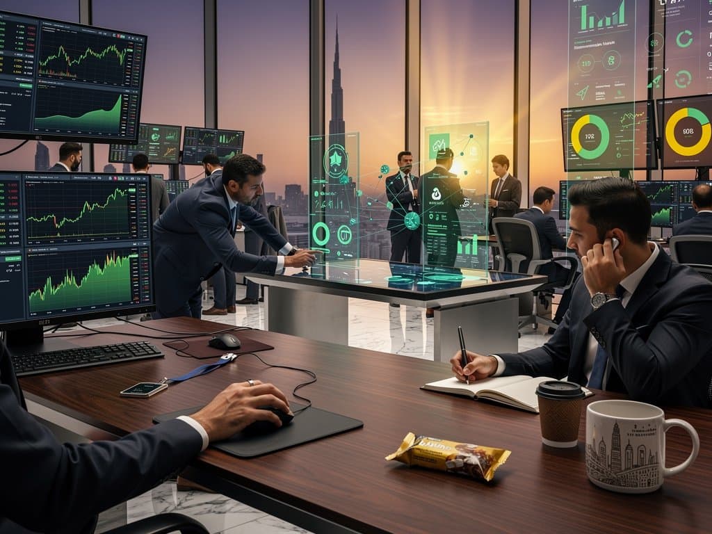 DIFC trading floor screens show BTC $75K USD, crypto derivatives alignment charts against UAE skyline