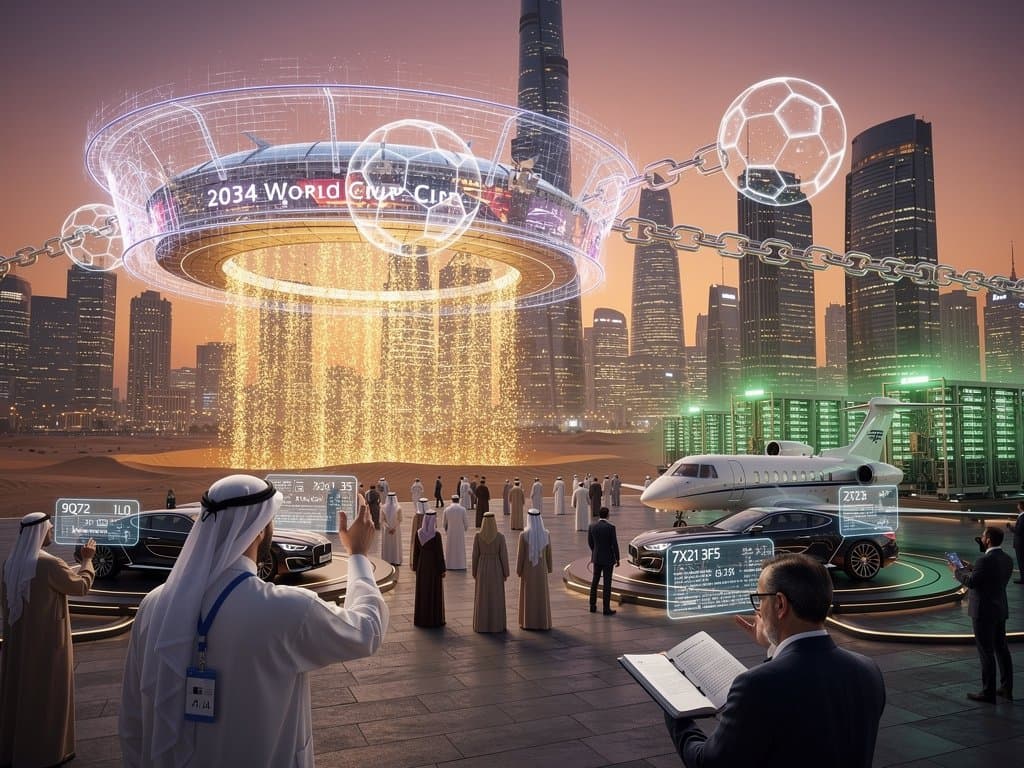 Dubai skyline with crypto charts, World Cup data, and blockchain visuals