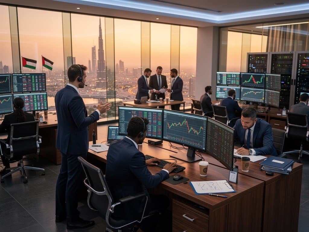 Traders at DIFC desks with Bloomberg terminals showing USDT $1.00, BTC charts, and Fear & Greed Index amid Dubai skyline view