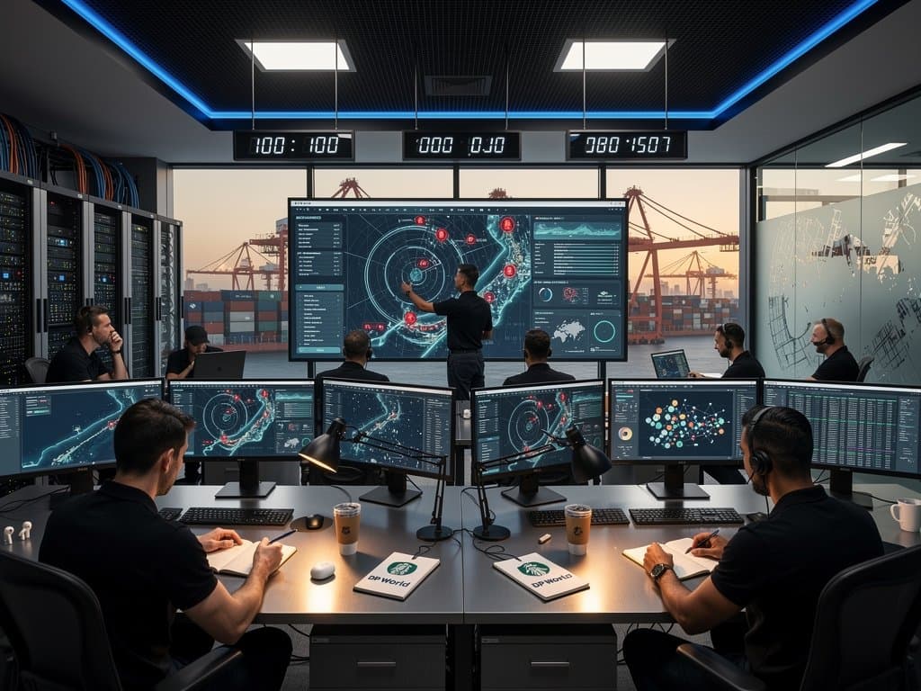 Monitors display Hormuz ship tracks and crypto alerts in DP World Jebel Ali operations center