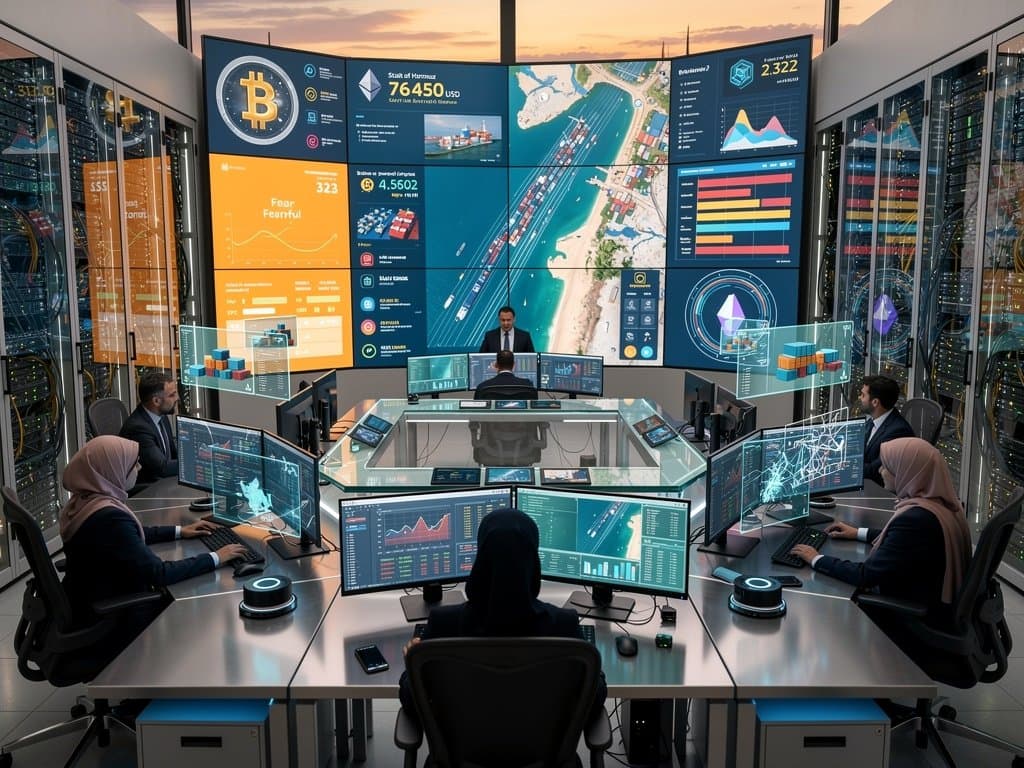 DP World Dubai operations center screens show Hormuz maps, BTC charts at $76,450, and phishing alerts amid port cranes
