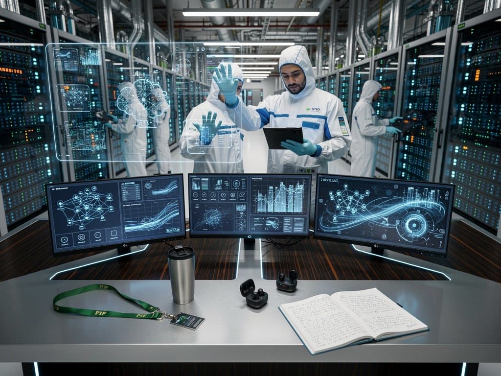 Abstract view of engineers monitoring sovereign cloud AI workloads in a high-tech Gulf data center with holographic displays and server racks