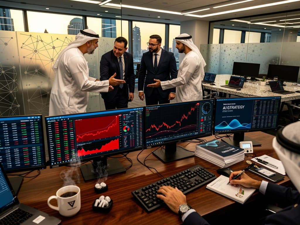 Gulf fund trading floor with monitors showing crypto charts and AI dashboards overlooking Abu Dhabi skyline