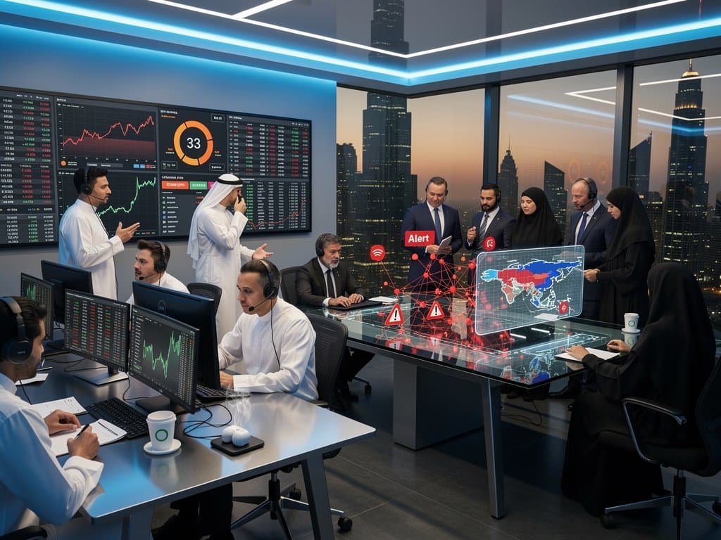 DIFC trading floor with crypto charts showing Bitcoin dip and market fear amid Gulf finance activity