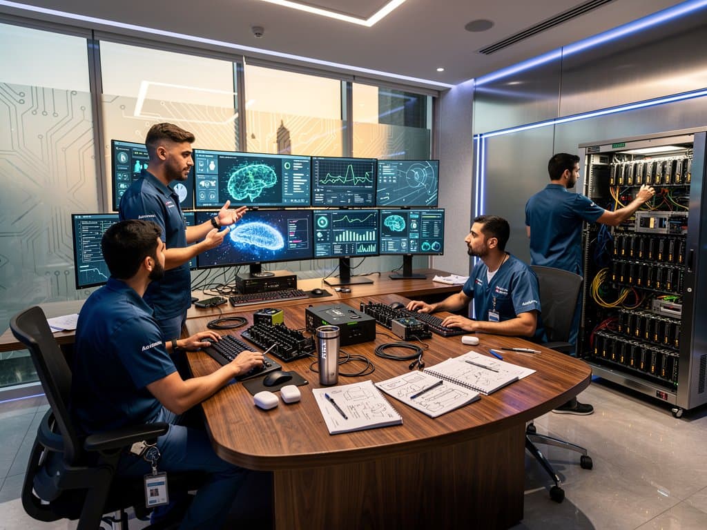 AI healthcare command center with dashboards and modern Gulf clinic interiors