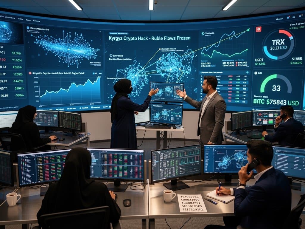 Cybersecurity team analyzes Kyrgyz hack alerts on video wall amid blockchain graphs in Abu Dhabi ops center