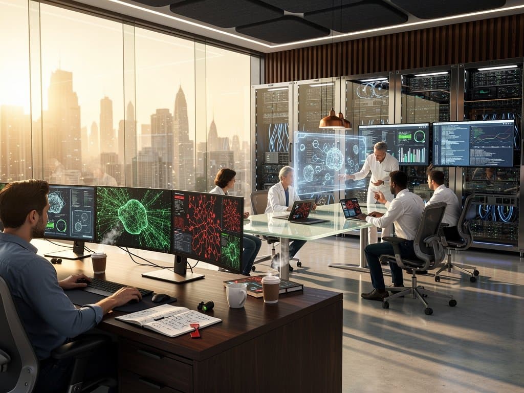Modern Dubai AI lab with skyline view, multi-monitors showing neural networks, glowing server racks, holographic ethics displays