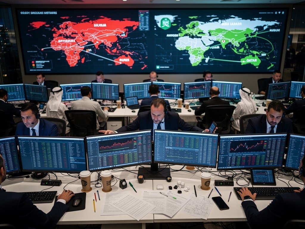 DIFC trading floor with BTC charts at $76,357, Russia-Kyrgyzstan maps, OPEC+ documents, and sanction reports on Bloomberg terminals amid hack volatility