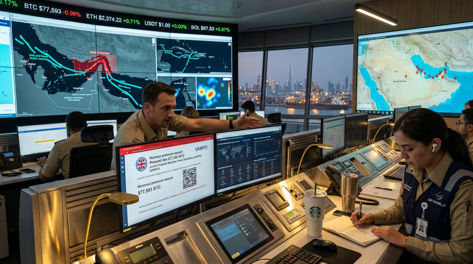 Maritime operations center monitors Strait of Hormuz ship tracks and crypto charts at Dubai hub