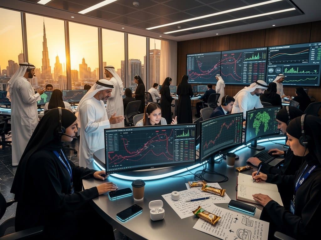 DIFC trading floor with Hormuz routes, BTC at $77K, crypto flows, Burj Khalifa skyline
