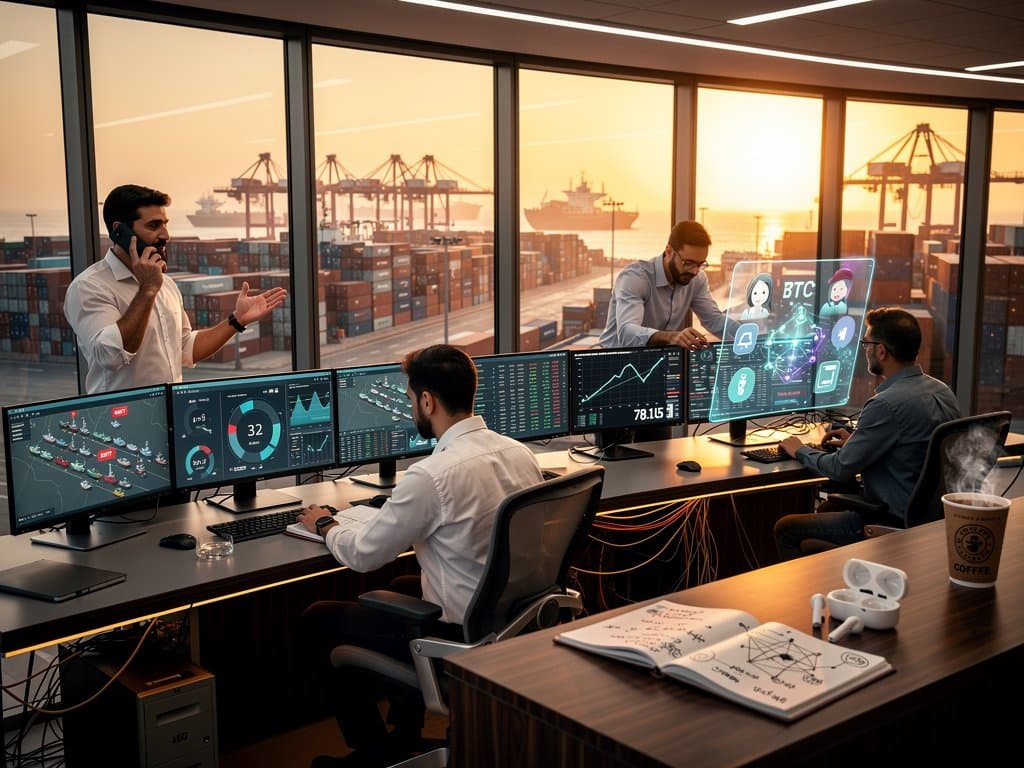 DP World control room with monitors tracking Hormuz tankers, analysts reviewing crypto scam alerts amid port oversight screens